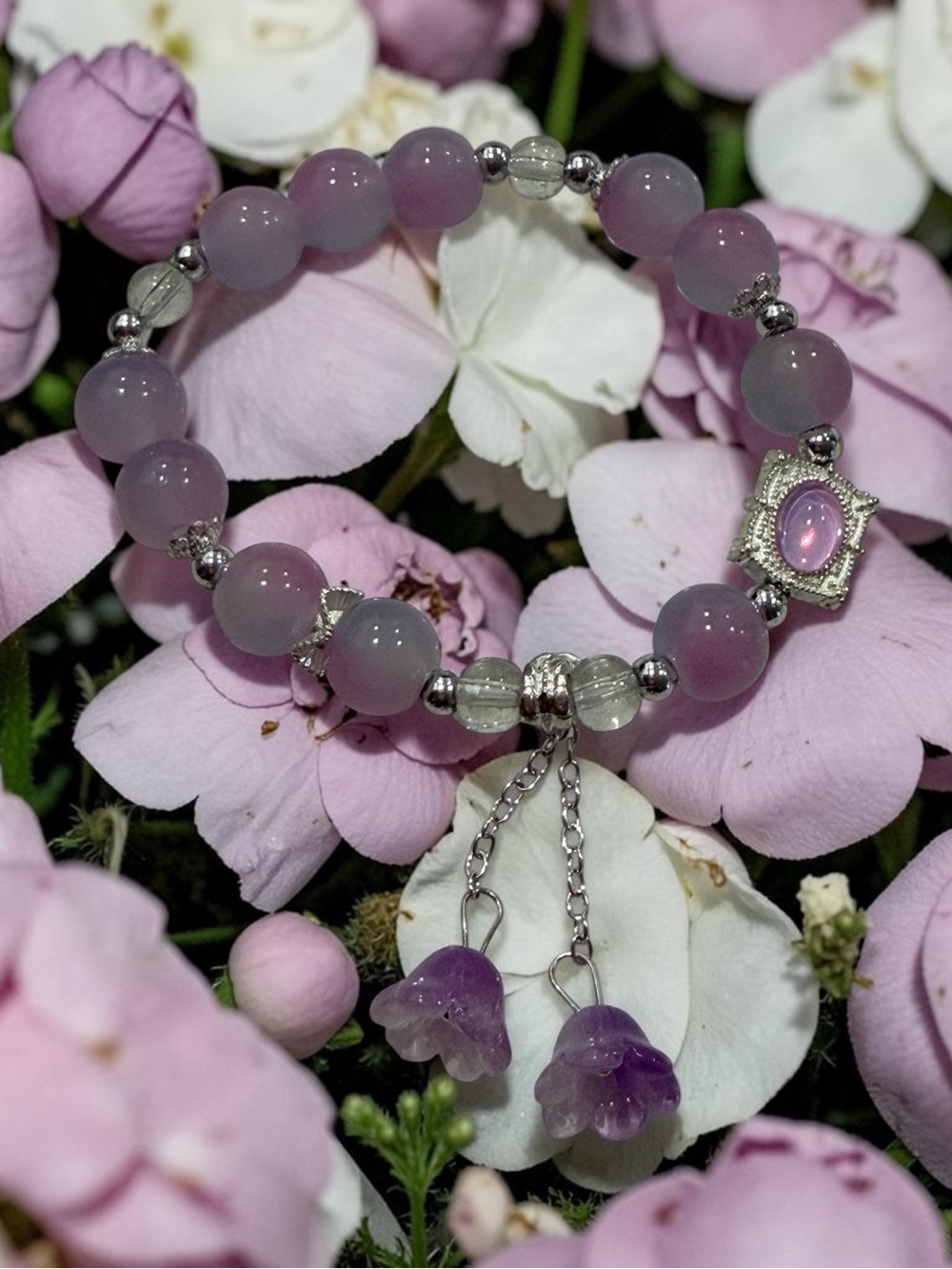 Lavender Bead Flower Charm Bracelet